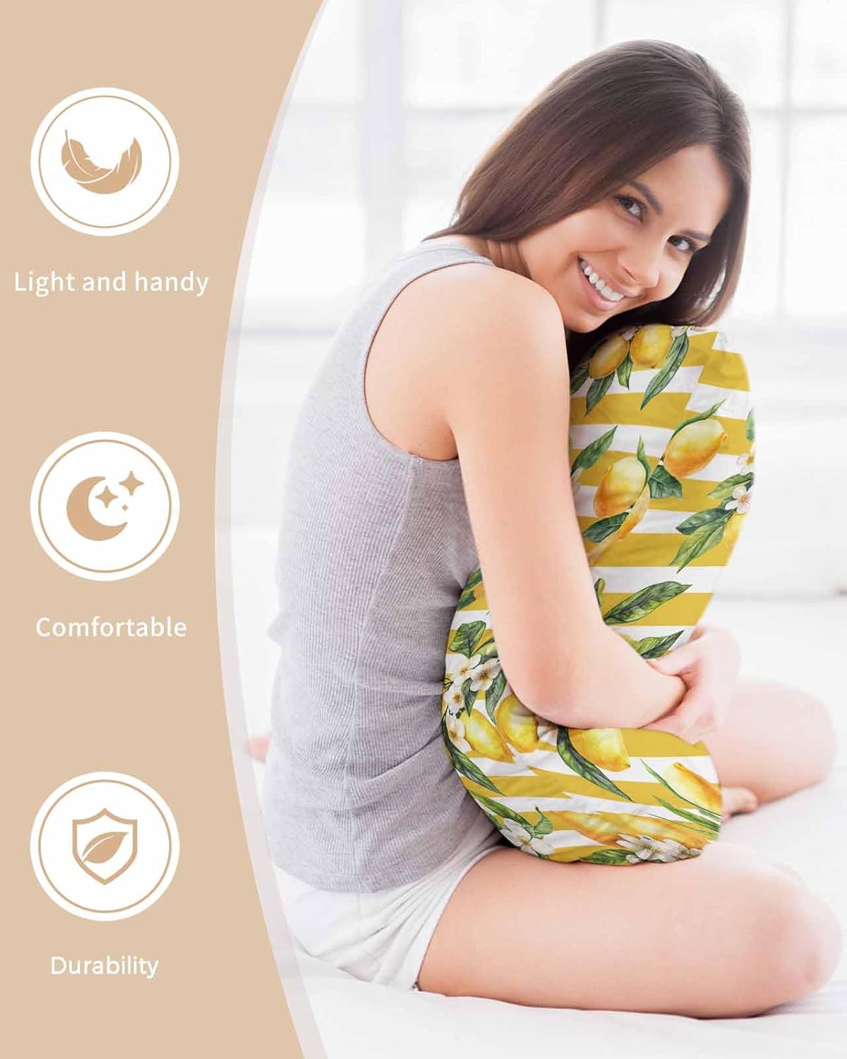 Satin Pillowcase for Hair and Skin Standard Size 2 Pack Floral Lemon Satin Pillow Case Soft Breathable Cooling Silk Fruit Leaves Yellow Stripes Pillowcases with Hidden Zipper Throw Pillow Covers 20x26