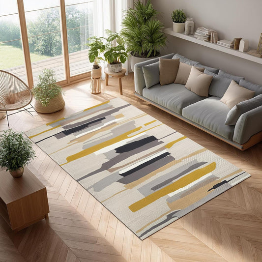 Modern Abstract Area Rug for Living Room, Bedroom, Neutral Beige Gray Yellow Geometric Carpet, Soft Low-Pile Non-Slip Washable Rug for Home Decor, Contemporary Floor Mat for Apartment & Office 02