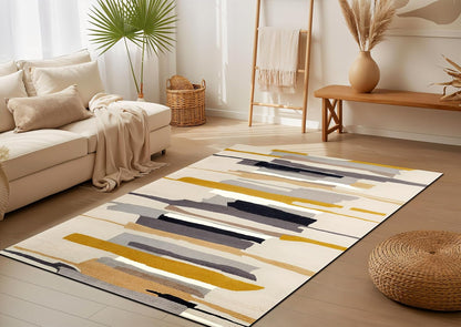 Modern Abstract Area Rug for Living Room, Bedroom, Neutral Beige Gray Yellow Geometric Carpet, Soft Low-Pile Non-Slip Washable Rug for Home Decor, Contemporary Floor Mat for Apartment & Office 02