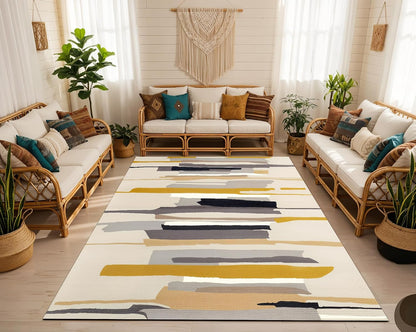 Modern Abstract Area Rug for Living Room, Bedroom, Neutral Beige Gray Yellow Geometric Carpet, Soft Low-Pile Non-Slip Washable Rug for Home Decor, Contemporary Floor Mat for Apartment & Office 02