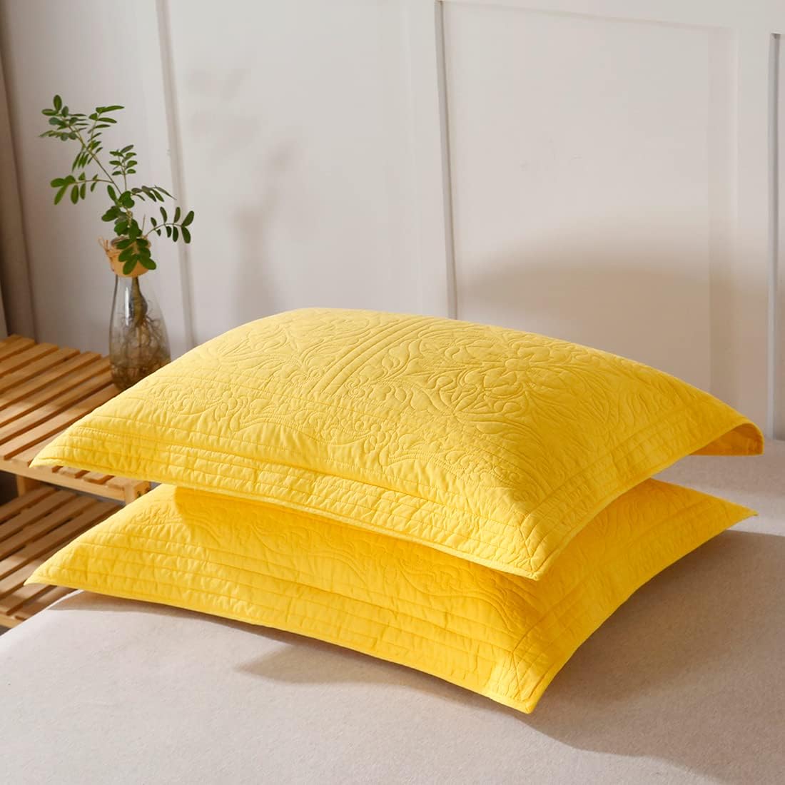 100% Cotton Quilted Pillow Sham Floral Printed Pillow Cover (Gold/Yellow)