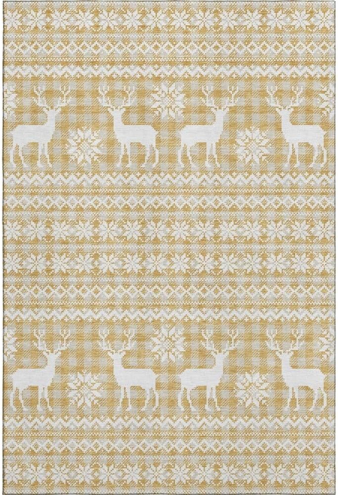 Holiday Festive Theme Soft Plush Thick Pile Christmas Area Rug 10' x 14' | Winter Cheer Xmas Playful Deer Snowflakes Plaid Patterns Gold Yellow White Color | Washable Nonslip Indoor Outdoor Rugs