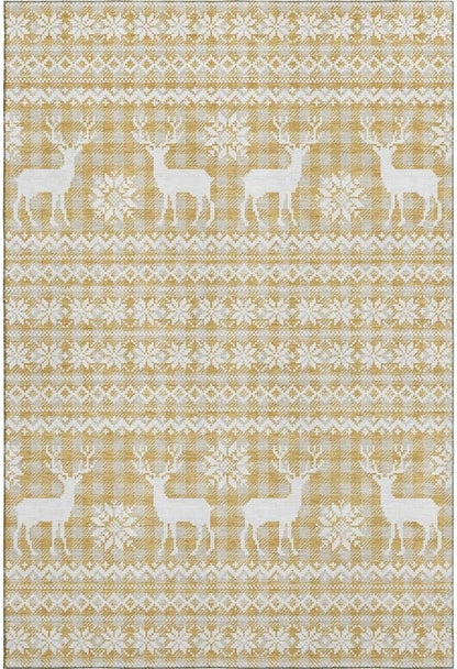 Holiday Festive Theme Soft Plush Thick Pile Christmas Area Rug 10' x 14' | Winter Cheer Xmas Playful Deer Snowflakes Plaid Patterns Gold Yellow White Color | Washable Nonslip Indoor Outdoor Rugs