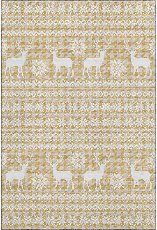 Holiday Festive Theme Soft Plush Thick Pile Christmas Area Rug 10' x 14' | Winter Cheer Xmas Playful Deer Snowflakes Plaid Patterns Gold Yellow White Color | Washable Nonslip Indoor Outdoor Rugs