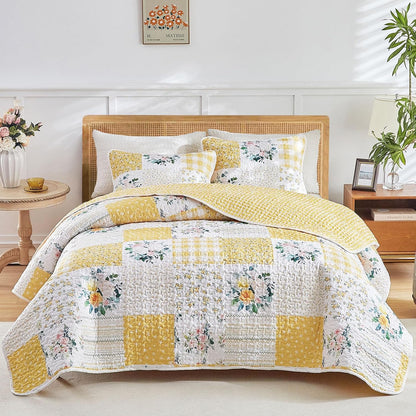 2 Pieces Floral Patchwork Quilt Set Twin, Yellow n White Flowers Design, Soft n Cozy Microfiber Quilt, Bedspread Bed Cover for All Season, 1 Quilt and 1 Pillow Sham- 68x86 inches