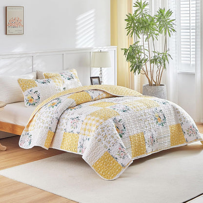 2 Pieces Floral Patchwork Quilt Set Twin, Yellow n White Flowers Design, Soft n Cozy Microfiber Quilt, Bedspread Bed Cover for All Season, 1 Quilt and 1 Pillow Sham- 68x86 inches