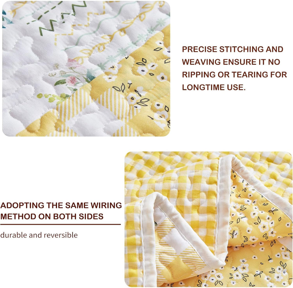 2 Pieces Floral Patchwork Quilt Set Twin, Yellow n White Flowers Design, Soft n Cozy Microfiber Quilt, Bedspread Bed Cover for All Season, 1 Quilt and 1 Pillow Sham- 68x86 inches