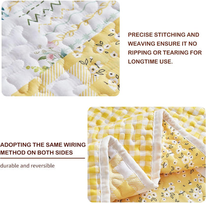 2 Pieces Floral Patchwork Quilt Set Twin, Yellow n White Flowers Design, Soft n Cozy Microfiber Quilt, Bedspread Bed Cover for All Season, 1 Quilt and 1 Pillow Sham- 68x86 inches