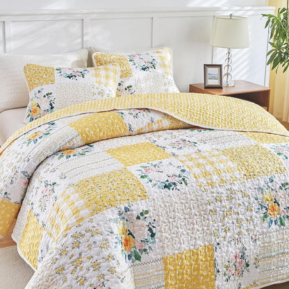 2 Pieces Floral Patchwork Quilt Set Twin, Yellow n White Flowers Design, Soft n Cozy Microfiber Quilt, Bedspread Bed Cover for All Season, 1 Quilt and 1 Pillow Sham- 68x86 inches