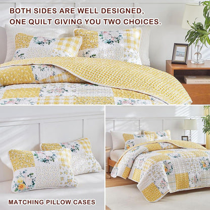 2 Pieces Floral Patchwork Quilt Set Twin, Yellow n White Flowers Design, Soft n Cozy Microfiber Quilt, Bedspread Bed Cover for All Season, 1 Quilt and 1 Pillow Sham- 68x86 inches