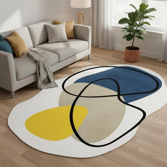 Organic Modern Blue Off White Yellow Color Block Striped Abstract Area Rug 5x8 for Living Room Bedroom Dining Room Minimalist Art Deco Aesthetic Indoor Rugs Farmhouse Soft Non Skid Irregular Carpet