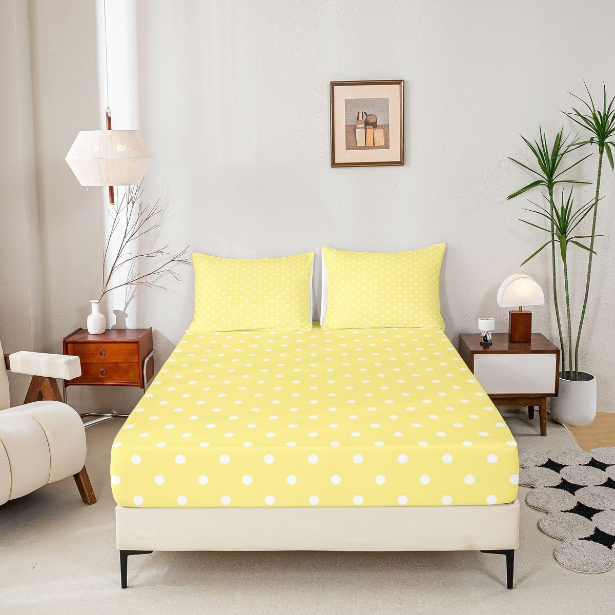 Lemon Yellow Polka Dot Bed Sheet Set Full Size Cute Polka Dot Bedding Sheets Simple Fashion Bedding Fitted Sheet Kawaii Style Bed Cover,1 Fitted Sheet+2 Pillow Sham（No Flat Sheet）