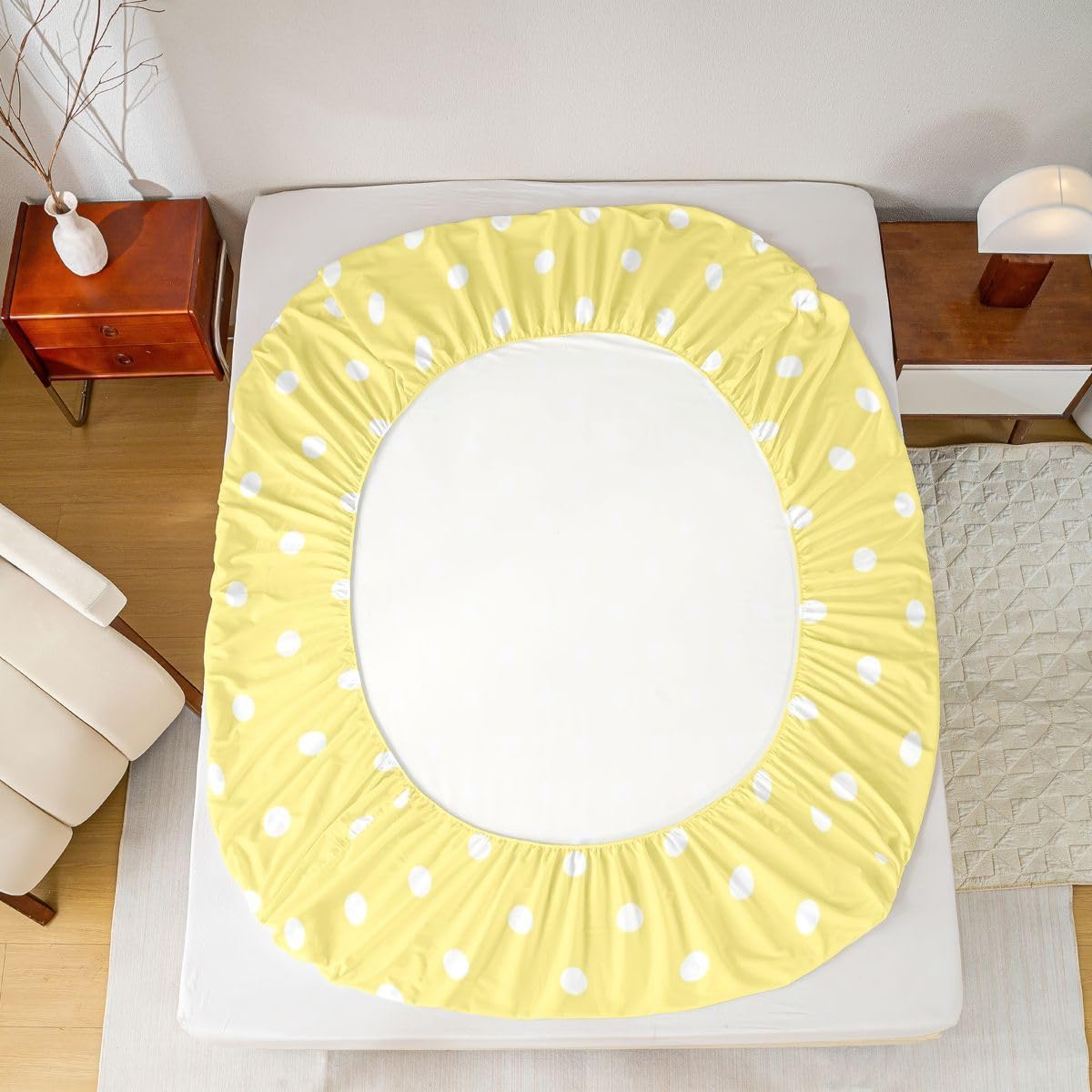 Lemon Yellow Polka Dot Bed Sheet Set Full Size Cute Polka Dot Bedding Sheets Simple Fashion Bedding Fitted Sheet Kawaii Style Bed Cover,1 Fitted Sheet+2 Pillow Sham（No Flat Sheet）