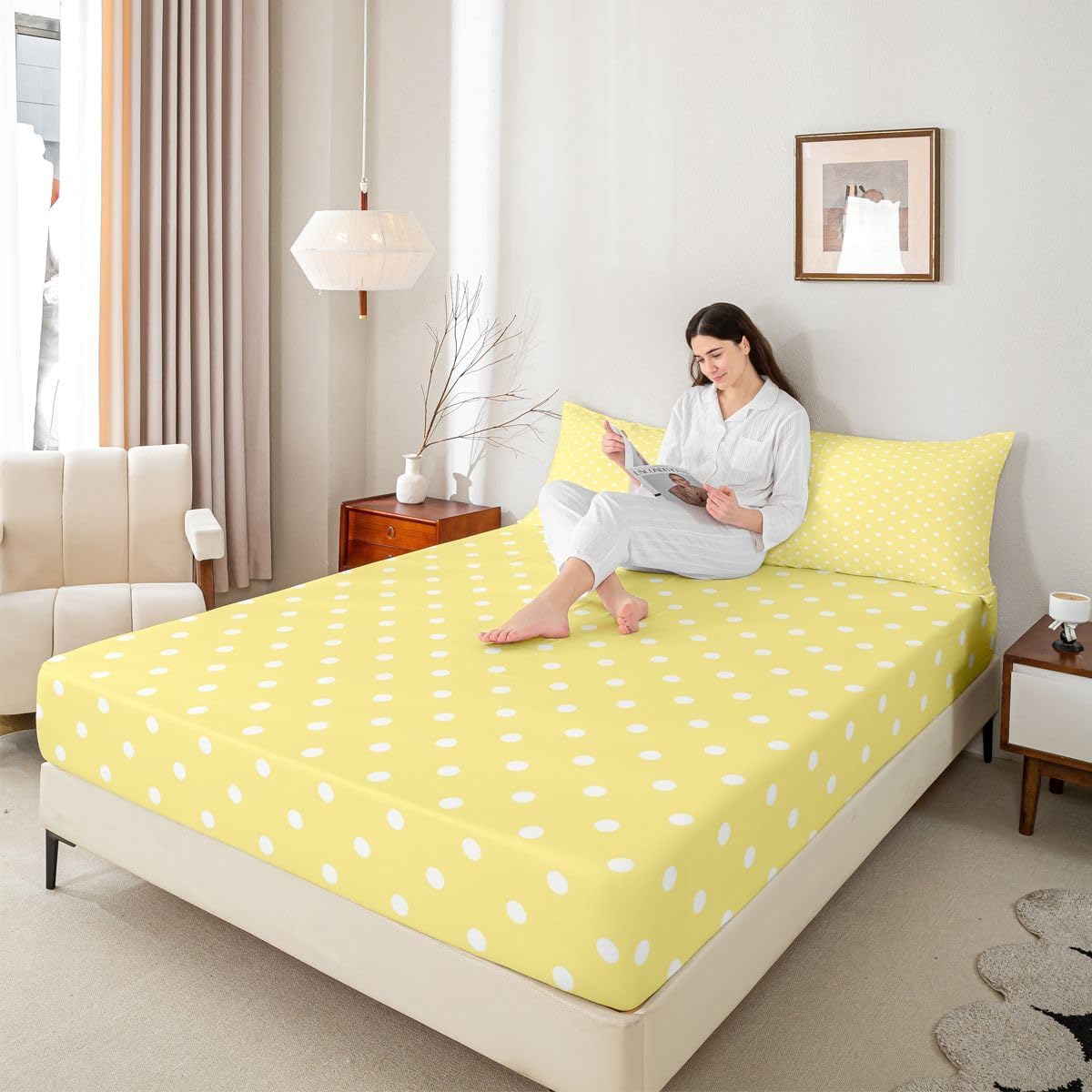 Lemon Yellow Polka Dot Bed Sheet Set Full Size Cute Polka Dot Bedding Sheets Simple Fashion Bedding Fitted Sheet Kawaii Style Bed Cover,1 Fitted Sheet+2 Pillow Sham（No Flat Sheet）