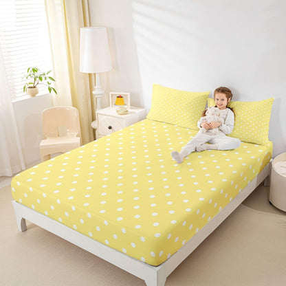 Lemon Yellow Polka Dot Bed Sheet Set Full Size Cute Polka Dot Bedding Sheets Simple Fashion Bedding Fitted Sheet Kawaii Style Bed Cover,1 Fitted Sheet+2 Pillow Sham（No Flat Sheet）