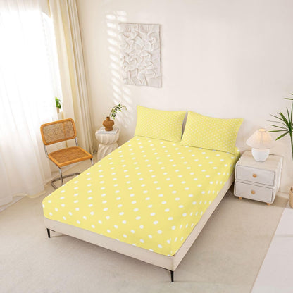 Lemon Yellow Polka Dot Bed Sheet Set Full Size Cute Polka Dot Bedding Sheets Simple Fashion Bedding Fitted Sheet Kawaii Style Bed Cover,1 Fitted Sheet+2 Pillow Sham（No Flat Sheet）