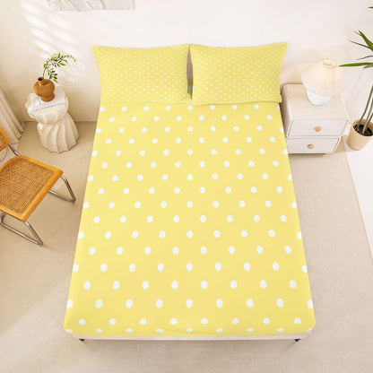 Lemon Yellow Polka Dot Bed Sheet Set Full Size Cute Polka Dot Bedding Sheets Simple Fashion Bedding Fitted Sheet Kawaii Style Bed Cover,1 Fitted Sheet+2 Pillow Sham（No Flat Sheet）