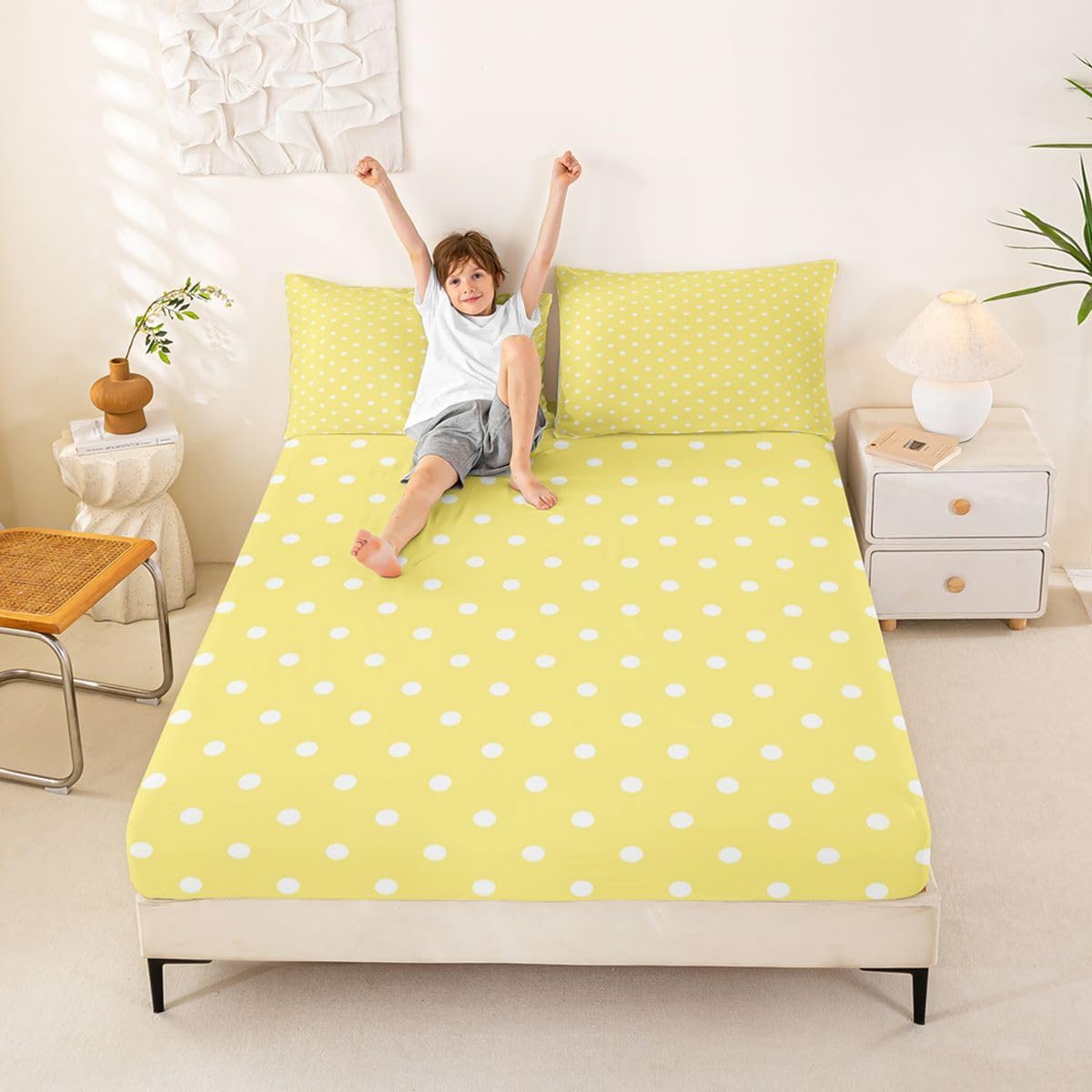 Lemon Yellow Polka Dot Bed Sheet Set Full Size Cute Polka Dot Bedding Sheets Simple Fashion Bedding Fitted Sheet Kawaii Style Bed Cover,1 Fitted Sheet+2 Pillow Sham（No Flat Sheet）