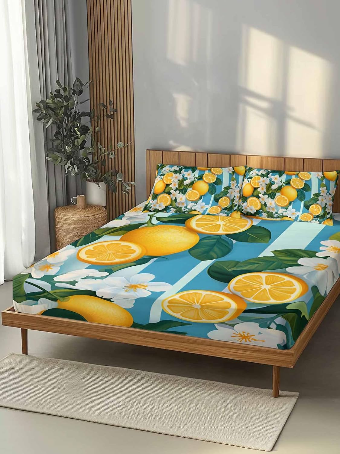 Twin XL Fitted Sheet and Pillowcase Set, Yellow Lemon Soft Bed Fitted Sheets - Deep Pocket Fits Mattress Up to 16", Summer Fruit Floral Blue Stripe Watercolor Bedding Set with 1 Pillow Cover