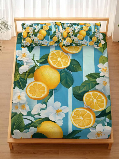 Twin XL Fitted Sheet and Pillowcase Set, Yellow Lemon Soft Bed Fitted Sheets - Deep Pocket Fits Mattress Up to 16", Summer Fruit Floral Blue Stripe Watercolor Bedding Set with 1 Pillow Cover