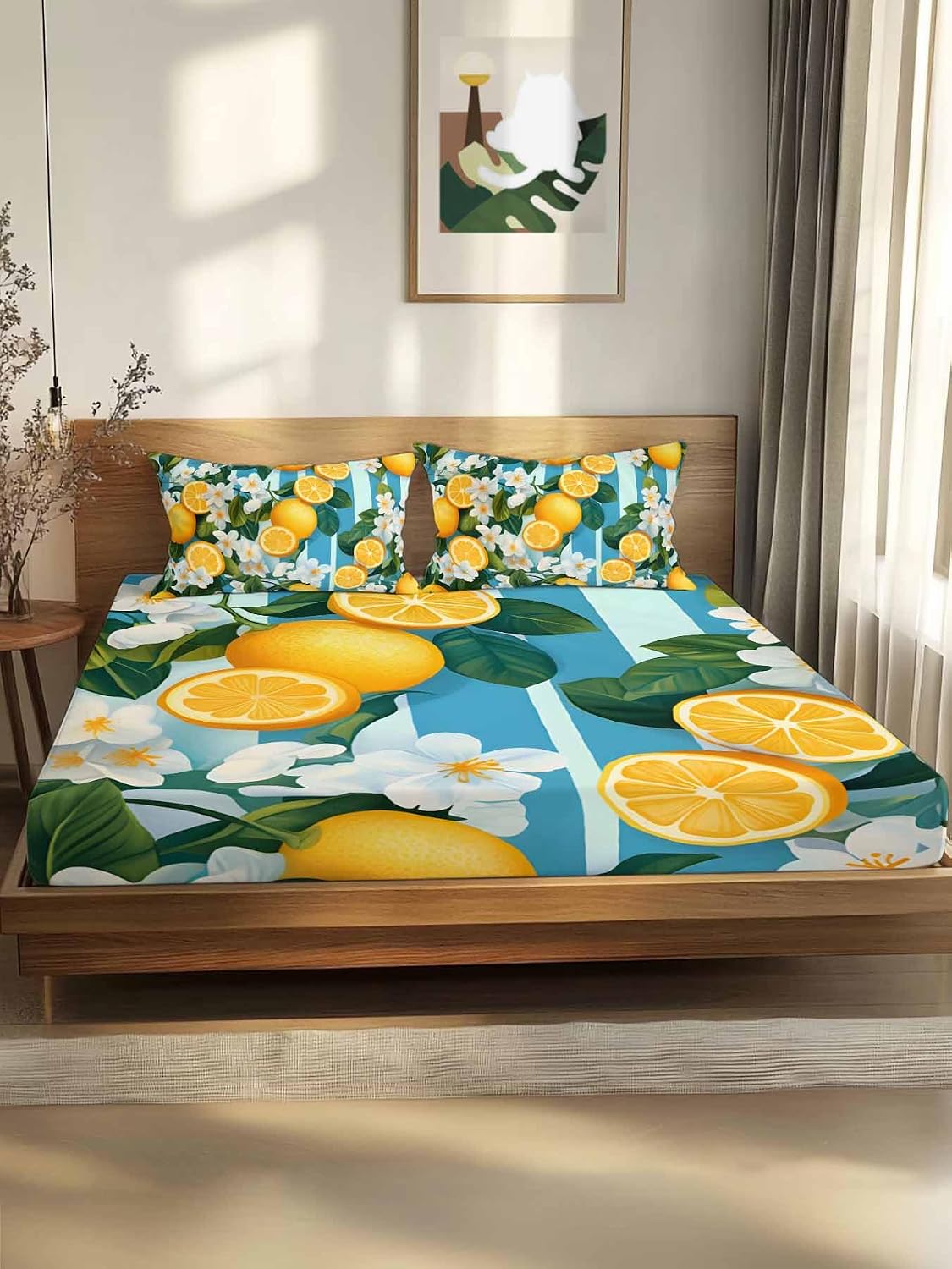 Twin XL Fitted Sheet and Pillowcase Set, Yellow Lemon Soft Bed Fitted Sheets - Deep Pocket Fits Mattress Up to 16", Summer Fruit Floral Blue Stripe Watercolor Bedding Set with 1 Pillow Cover