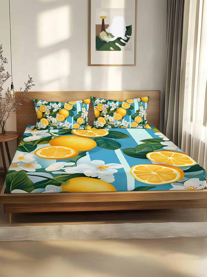 Twin XL Fitted Sheet and Pillowcase Set, Yellow Lemon Soft Bed Fitted Sheets - Deep Pocket Fits Mattress Up to 16", Summer Fruit Floral Blue Stripe Watercolor Bedding Set with 1 Pillow Cover