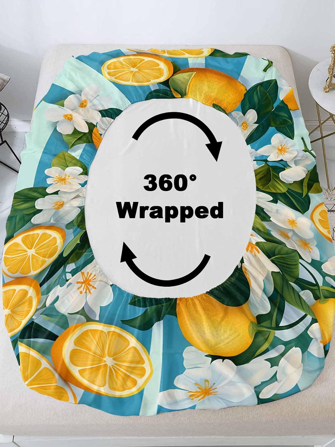 Twin XL Fitted Sheet and Pillowcase Set, Yellow Lemon Soft Bed Fitted Sheets - Deep Pocket Fits Mattress Up to 16", Summer Fruit Floral Blue Stripe Watercolor Bedding Set with 1 Pillow Cover