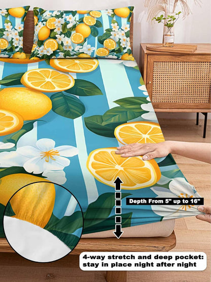 Twin XL Fitted Sheet and Pillowcase Set, Yellow Lemon Soft Bed Fitted Sheets - Deep Pocket Fits Mattress Up to 16", Summer Fruit Floral Blue Stripe Watercolor Bedding Set with 1 Pillow Cover