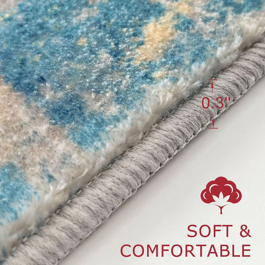 Modern Abstract 3x5 Area Rug Washable Bedroom Rug Throw Entry Mat Non-Slip Stain Resistant Carpet Dining Room Rug with Soft Low Pile for Living Room Kitchen Office, Turquoise/Beige/Grey/Yellow