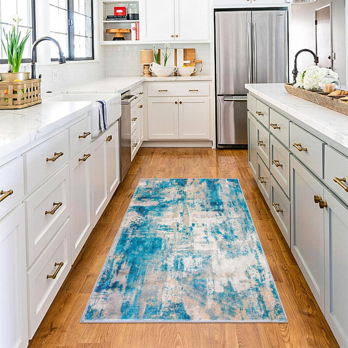 Modern Abstract 3x5 Area Rug Washable Bedroom Rug Throw Entry Mat Non-Slip Stain Resistant Carpet Dining Room Rug with Soft Low Pile for Living Room Kitchen Office, Turquoise/Beige/Grey/Yellow