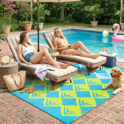 Waterproof Outdoor Rug 6x9 for Camping, Balcony & RV, Reversible Plastic Straw Outdoor Mat Blue Yellow