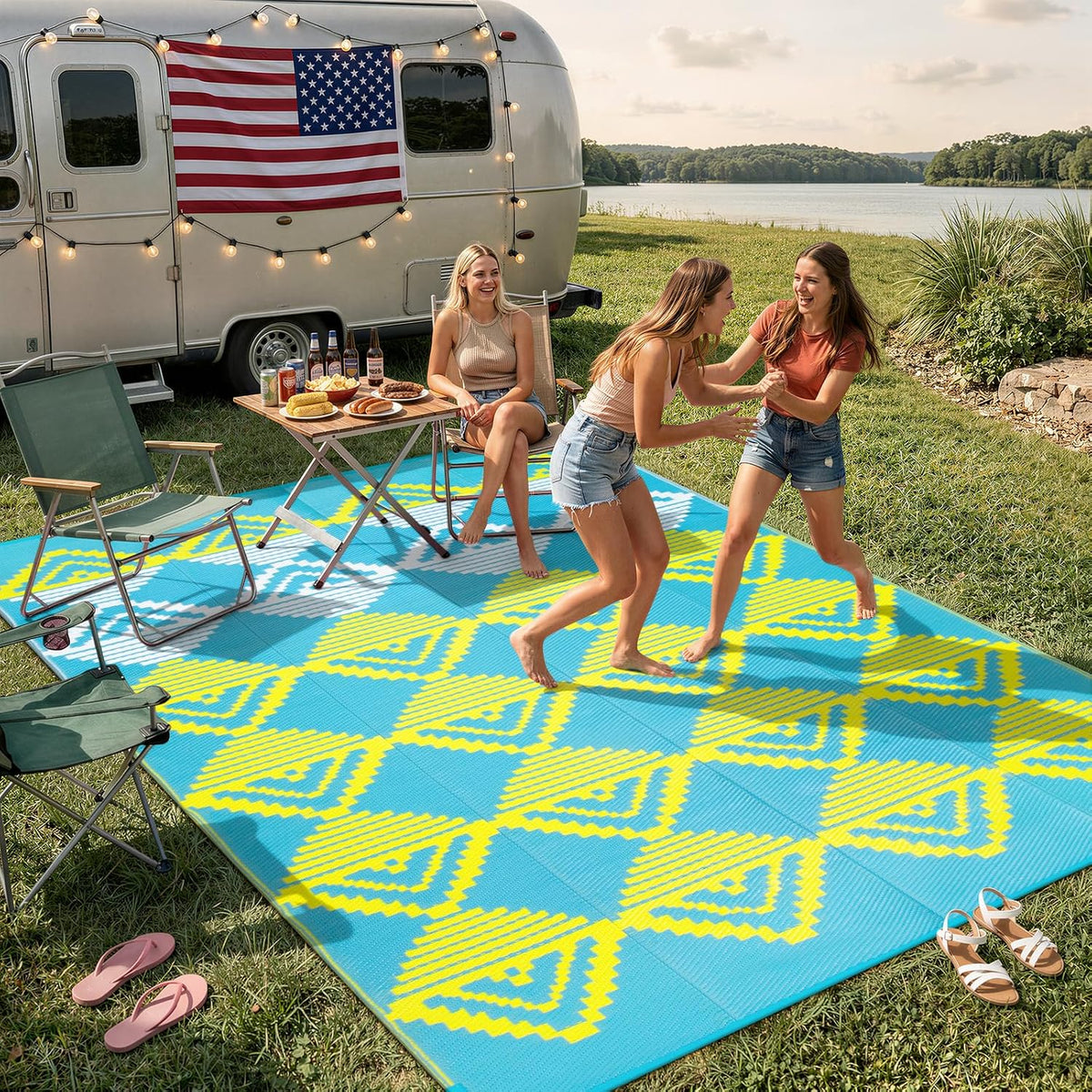 Waterproof Outdoor Rug 6x9 for Camping, Balcony & RV, Reversible Plastic Straw Outdoor Mat Blue Yellow