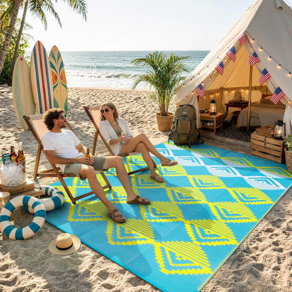 Waterproof Outdoor Rug 6x9 for Camping, Balcony & RV, Reversible Plastic Straw Outdoor Mat Blue Yellow