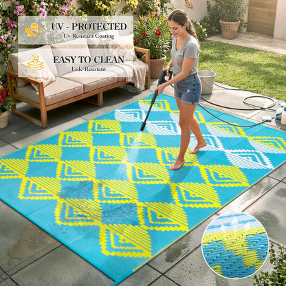 Waterproof Outdoor Rug 6x9 for Camping, Balcony & RV, Reversible Plastic Straw Outdoor Mat Blue Yellow
