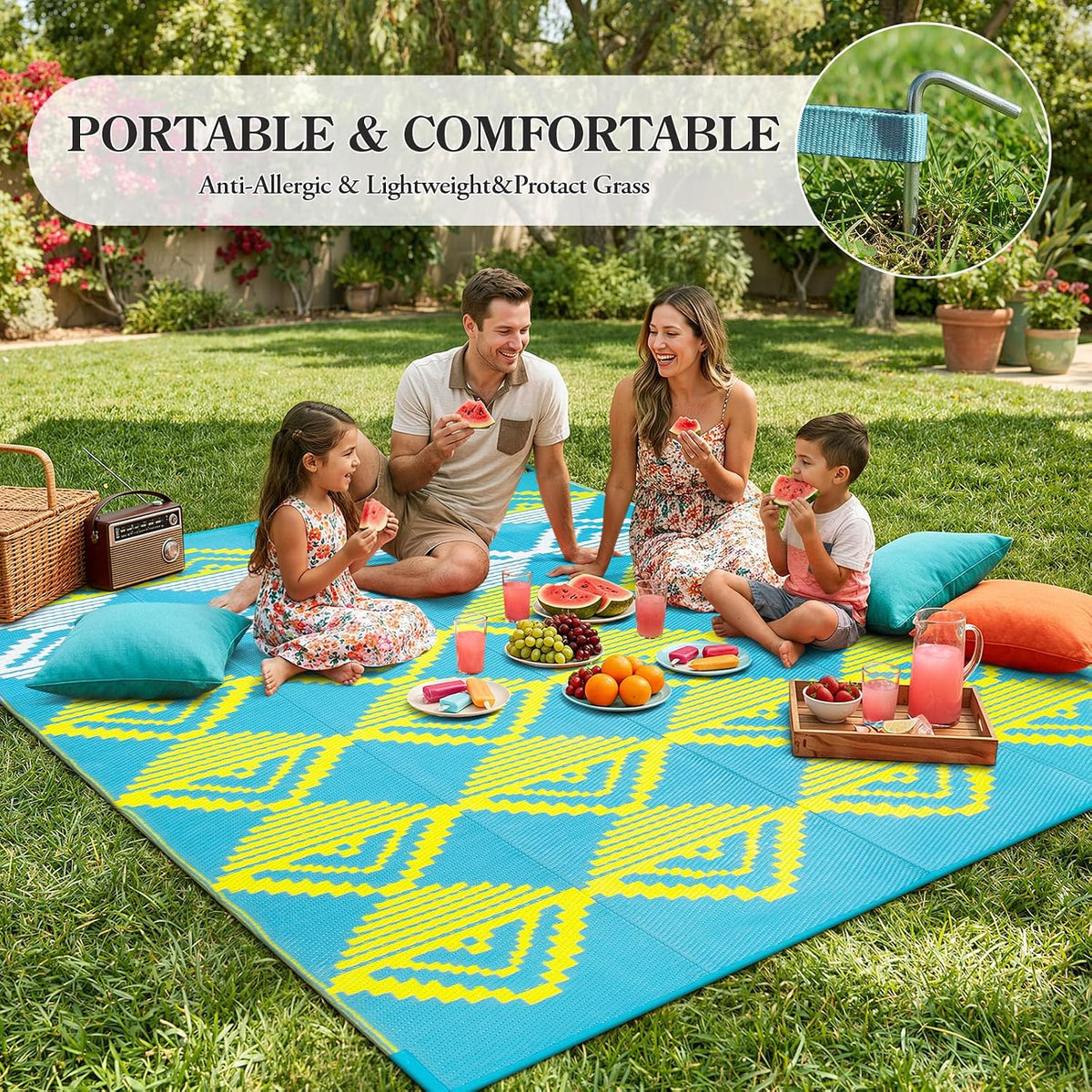 Waterproof Outdoor Rug 6x9 for Camping, Balcony & RV, Reversible Plastic Straw Outdoor Mat Blue Yellow