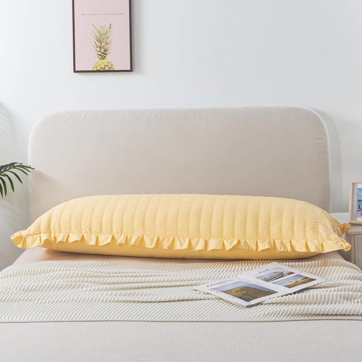 Seersucker Body Pillowcases, 20x54 inches Long Pillowcase Ruffled Pillowcases Shabby Chic Boho Ruffled Fringe Decor Body Pillowcase Light Yellow
