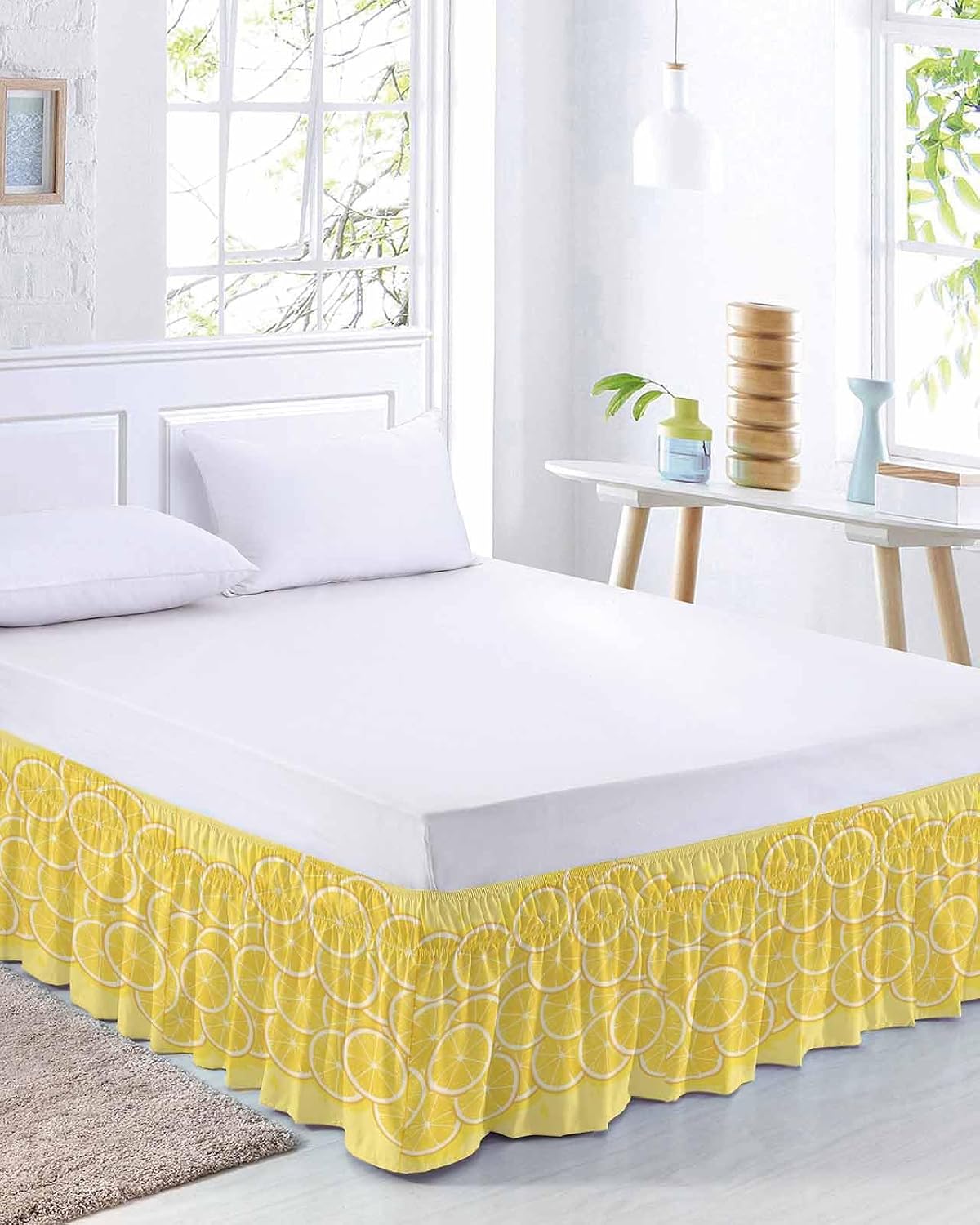 Yellow Lemon Bed Skirt Queen Size 16 Inch Drop, Adjustable Elastic Wrap Around Bed Skirts Easy Fitting Dust Ruffle Bedskirt Bed Frame Cover Summer Botanical Watercolor Modern Art