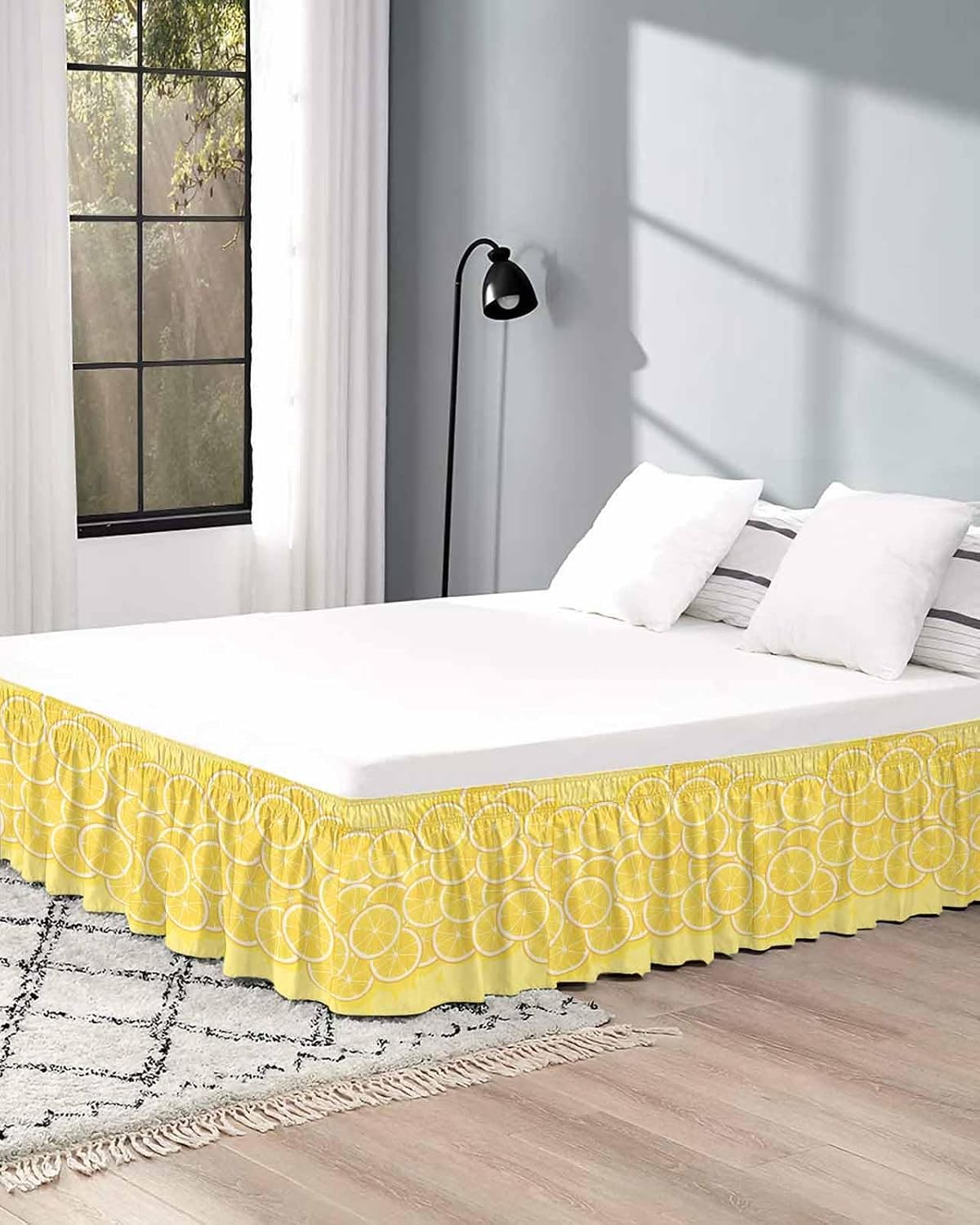 Yellow Lemon Bed Skirt Queen Size 16 Inch Drop, Adjustable Elastic Wrap Around Bed Skirts Easy Fitting Dust Ruffle Bedskirt Bed Frame Cover Summer Botanical Watercolor Modern Art