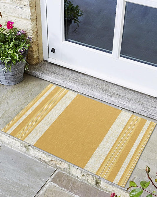Front Door Mat Outside Entrance, Vintage Turmeric Yellow Striped Outdoor Indoor Door Mats for Entryway, Farmhouse Modern Stripes Boho Low Profile Welcome Mat Entry Doormats for Kitchen 18x30 in