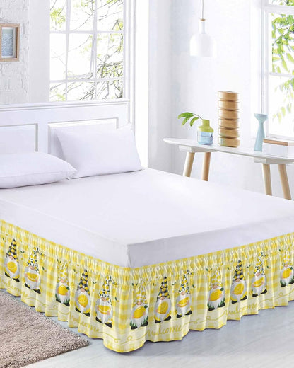 Lemon Gnomes Bed Skirt Queen Size 16 Inch Drop, Adjustable Elastic Wrap Around Bed Skirts Easy Fitting Dust Ruffle Bedskirt Bed Frame Cover Summer Botanical Fruit Yellow Buffalo Plaid