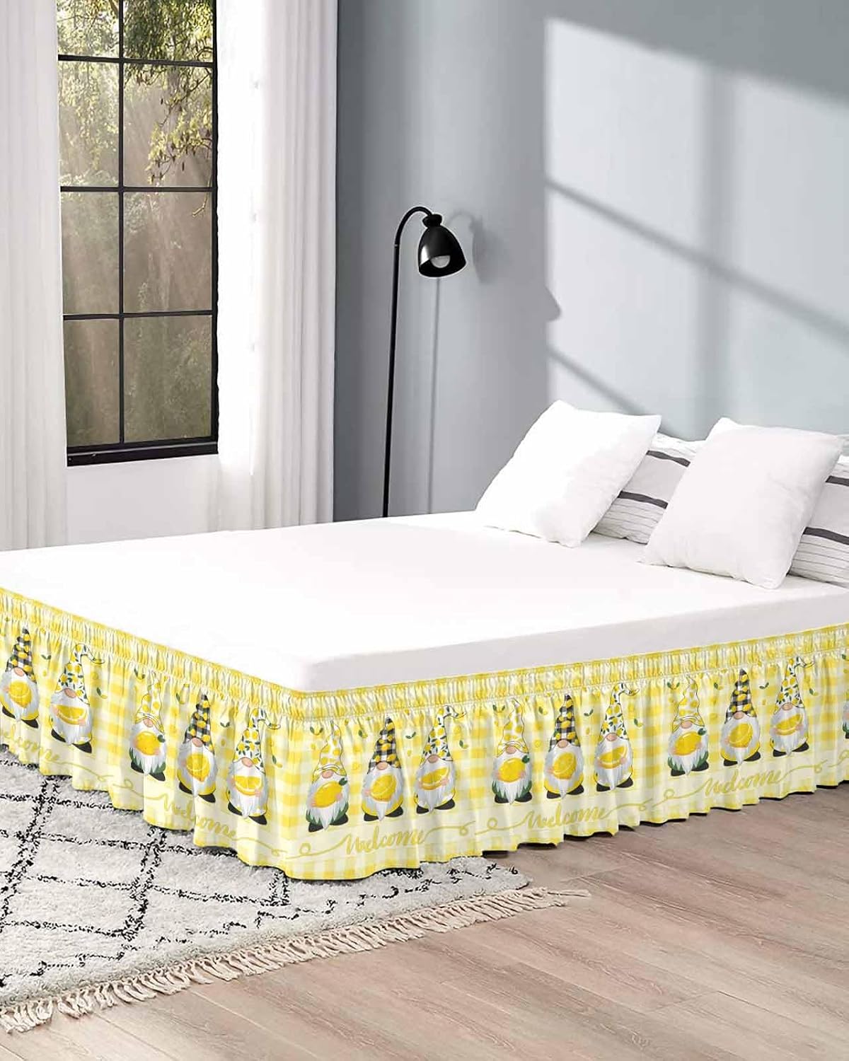 Lemon Gnomes Bed Skirt Queen Size 16 Inch Drop, Adjustable Elastic Wrap Around Bed Skirts Easy Fitting Dust Ruffle Bedskirt Bed Frame Cover Summer Botanical Fruit Yellow Buffalo Plaid