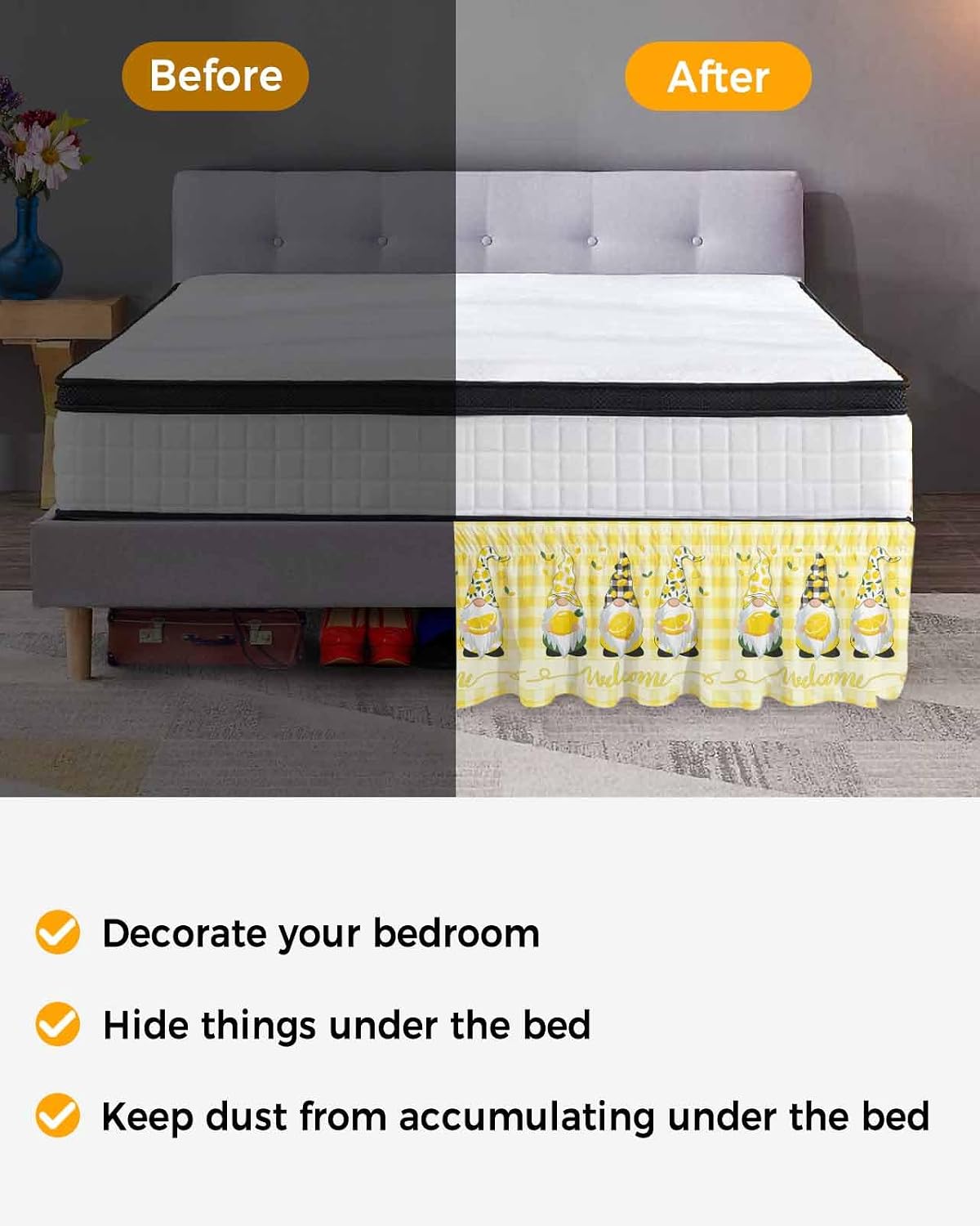 Lemon Gnomes Bed Skirt Queen Size 16 Inch Drop, Adjustable Elastic Wrap Around Bed Skirts Easy Fitting Dust Ruffle Bedskirt Bed Frame Cover Summer Botanical Fruit Yellow Buffalo Plaid