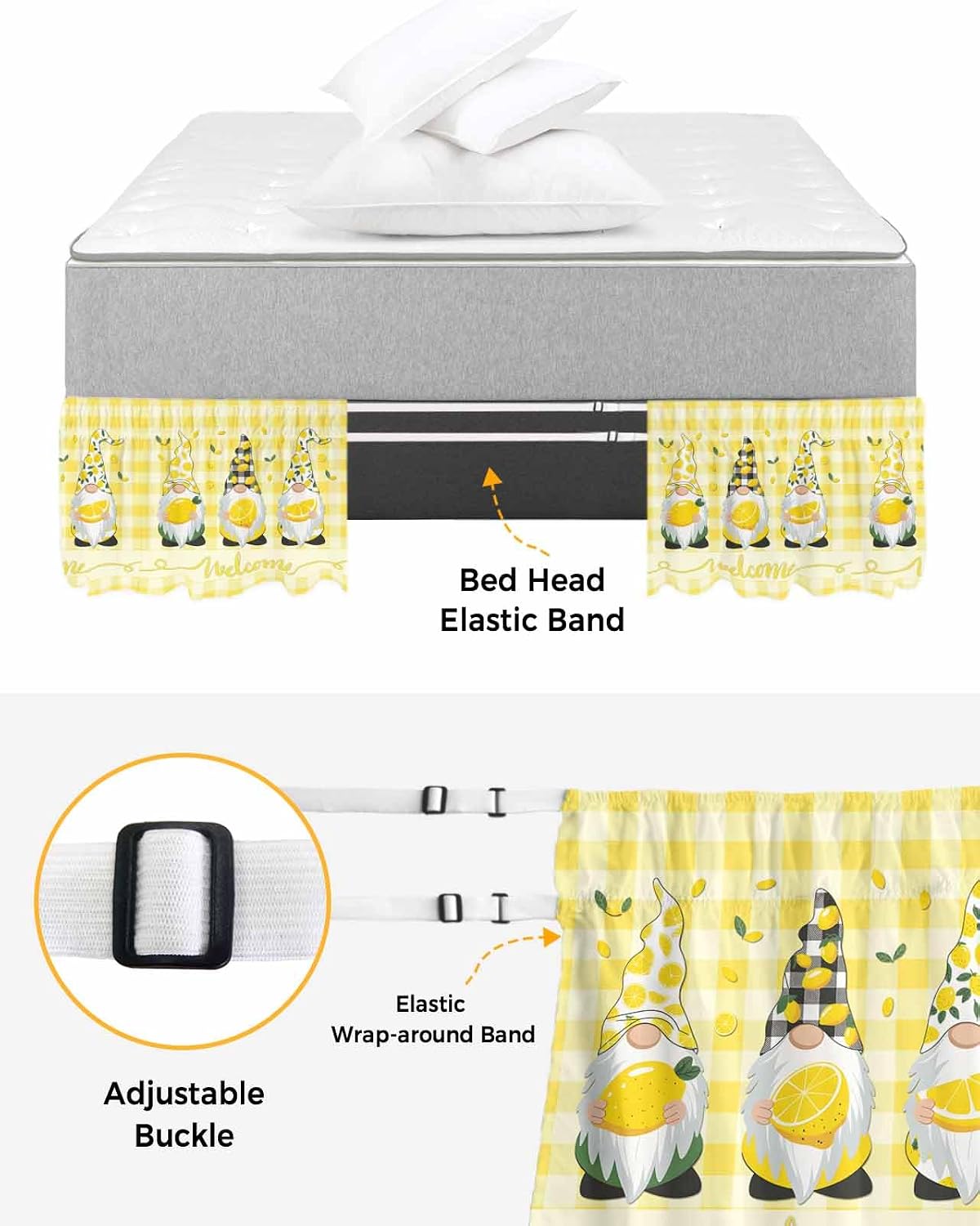 Lemon Gnomes Bed Skirt Queen Size 16 Inch Drop, Adjustable Elastic Wrap Around Bed Skirts Easy Fitting Dust Ruffle Bedskirt Bed Frame Cover Summer Botanical Fruit Yellow Buffalo Plaid