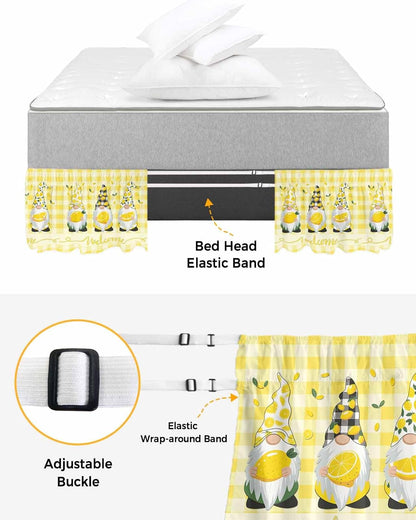 Lemon Gnomes Bed Skirt Queen Size 16 Inch Drop, Adjustable Elastic Wrap Around Bed Skirts Easy Fitting Dust Ruffle Bedskirt Bed Frame Cover Summer Botanical Fruit Yellow Buffalo Plaid