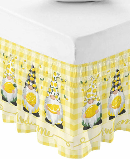 Lemon Gnomes Bed Skirt Queen Size 16 Inch Drop, Adjustable Elastic Wrap Around Bed Skirts Easy Fitting Dust Ruffle Bedskirt Bed Frame Cover Summer Botanical Fruit Yellow Buffalo Plaid