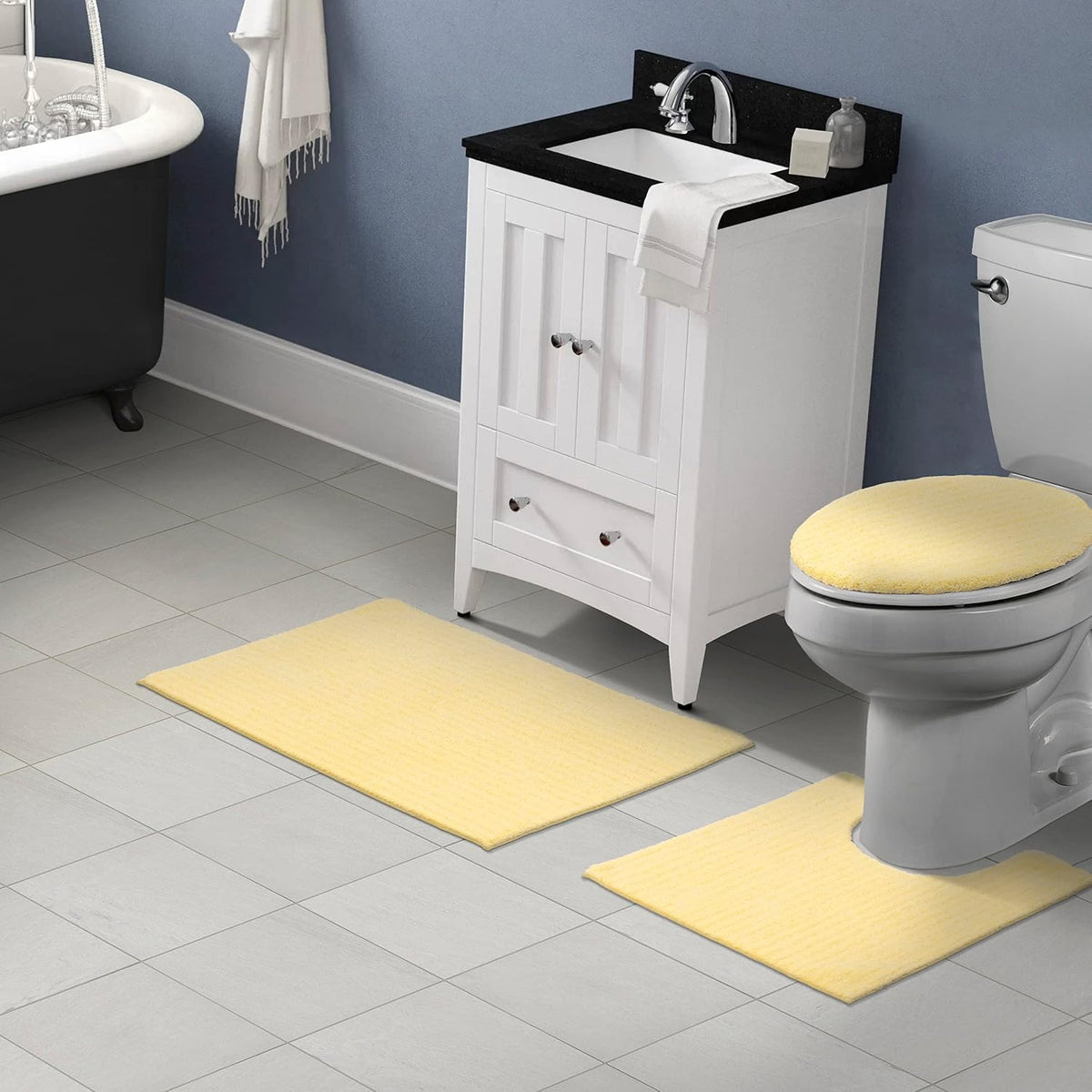 Sheridan Rubber Ducky Yellow 3 Piece Set (21" X 34" Rug, Lid, Contour) Plush Strip Machine Washable Nylon Bath Rug