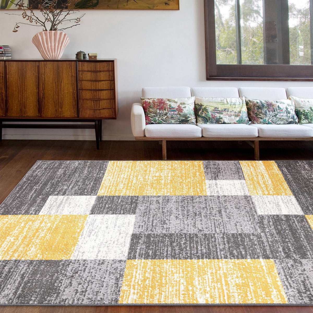 Geometric Boxes Oslo Modern Non-Shedding Area Rug Yellow 5' x 7'