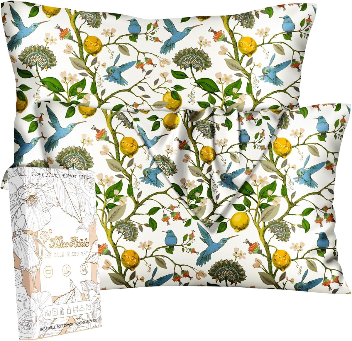 Silk Pillow Cases 2 Pack - Standard Size 20 x 26 Inch Silky Pillowcases for Hair and Skin Soft Cooling Smooth Aesthetic Bed Sleeping Pillow Cover with Zipper for Women, Lemon Bird