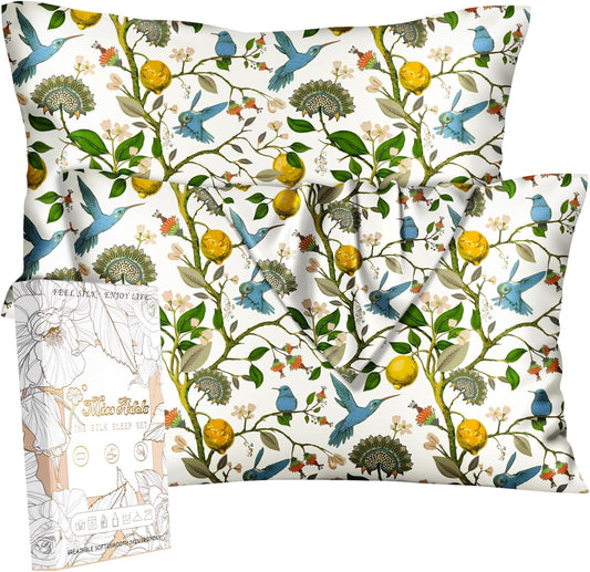 Silk Pillow Cases 2 Pack - Standard Size 20 x 26 Inch Silky Pillowcases for Hair and Skin Soft Cooling Smooth Aesthetic Bed Sleeping Pillow Cover with Zipper for Women, Lemon Bird