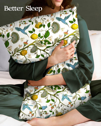 Silk Pillow Cases 2 Pack - Standard Size 20 x 26 Inch Silky Pillowcases for Hair and Skin Soft Cooling Smooth Aesthetic Bed Sleeping Pillow Cover with Zipper for Women, Lemon Bird